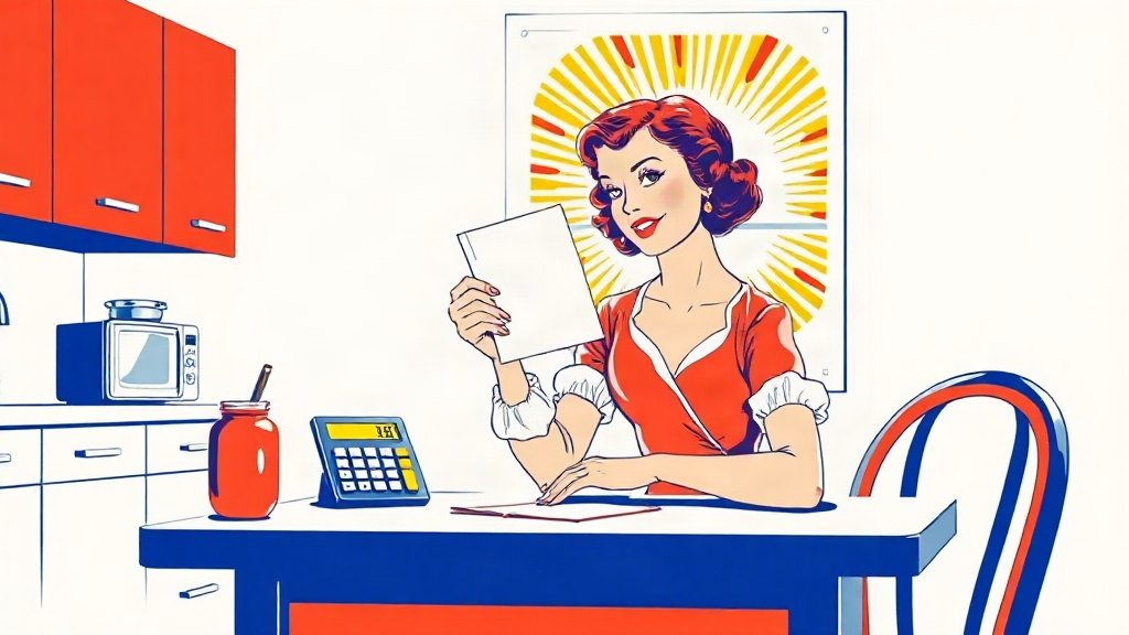 Pop-art illustration of hands fanning out dollar bills over a kitchen table