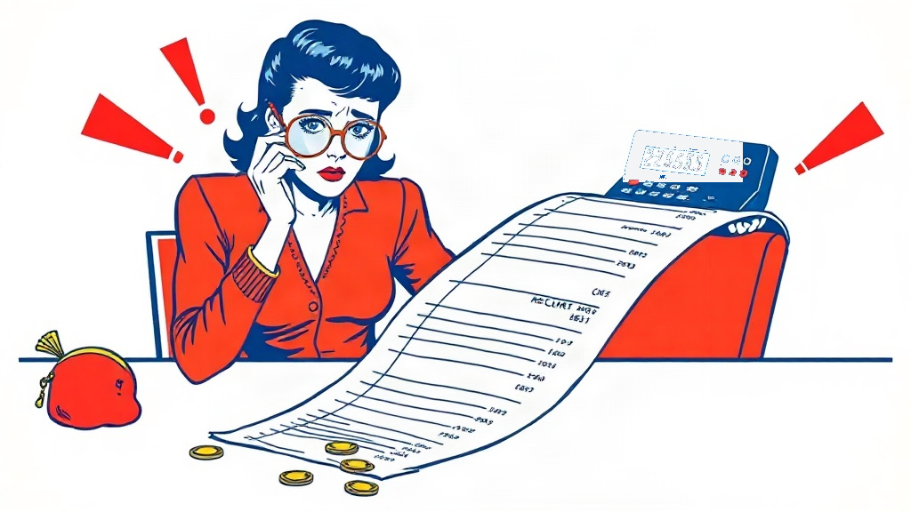 Pop-art woman examining a long bill with a magnifying glass